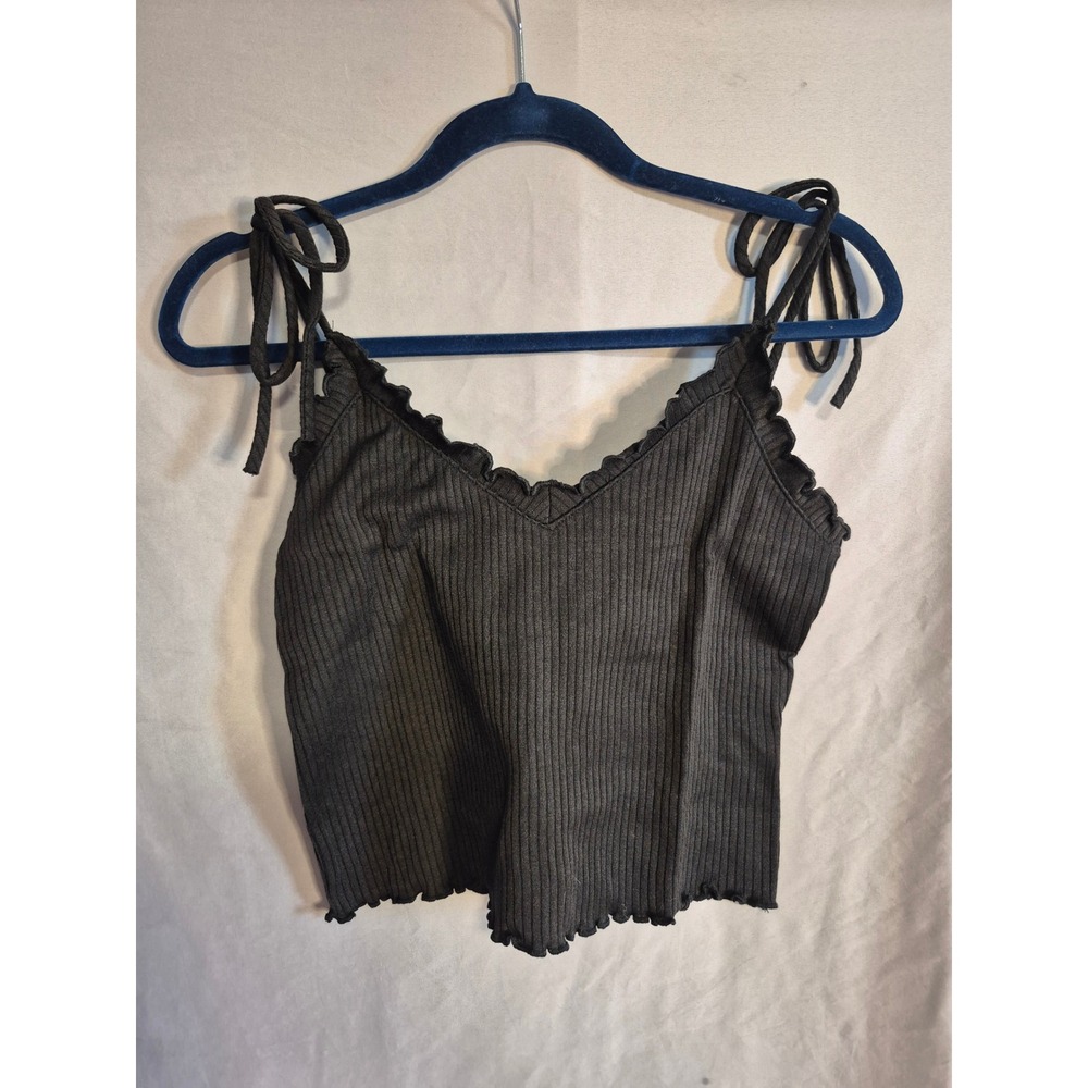 LOST + WANDER Women's Black Ribbed Tie Strap Cami Crop Top Medium